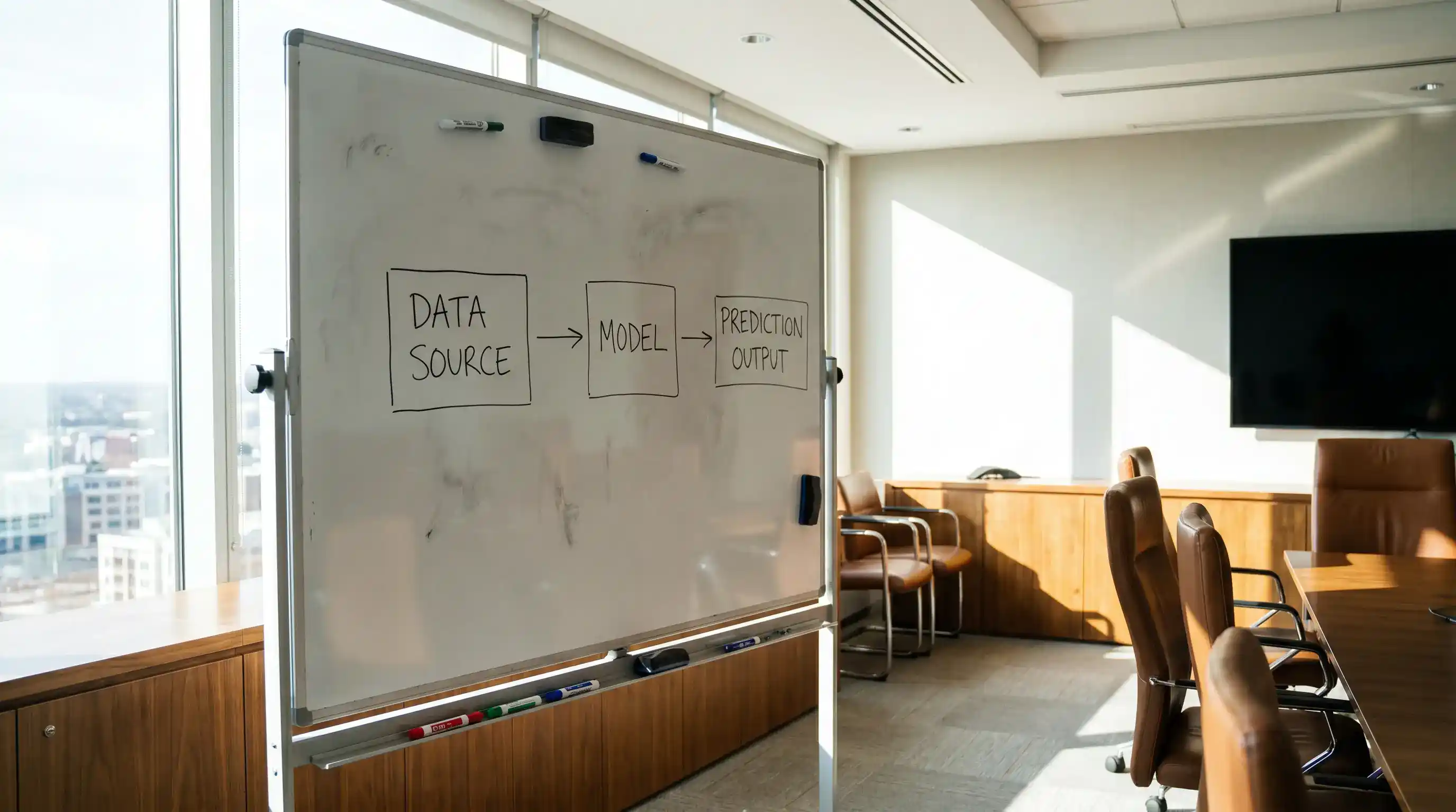 Whiteboard data flow diagram showing AI pipeline from shot data source to prediction output