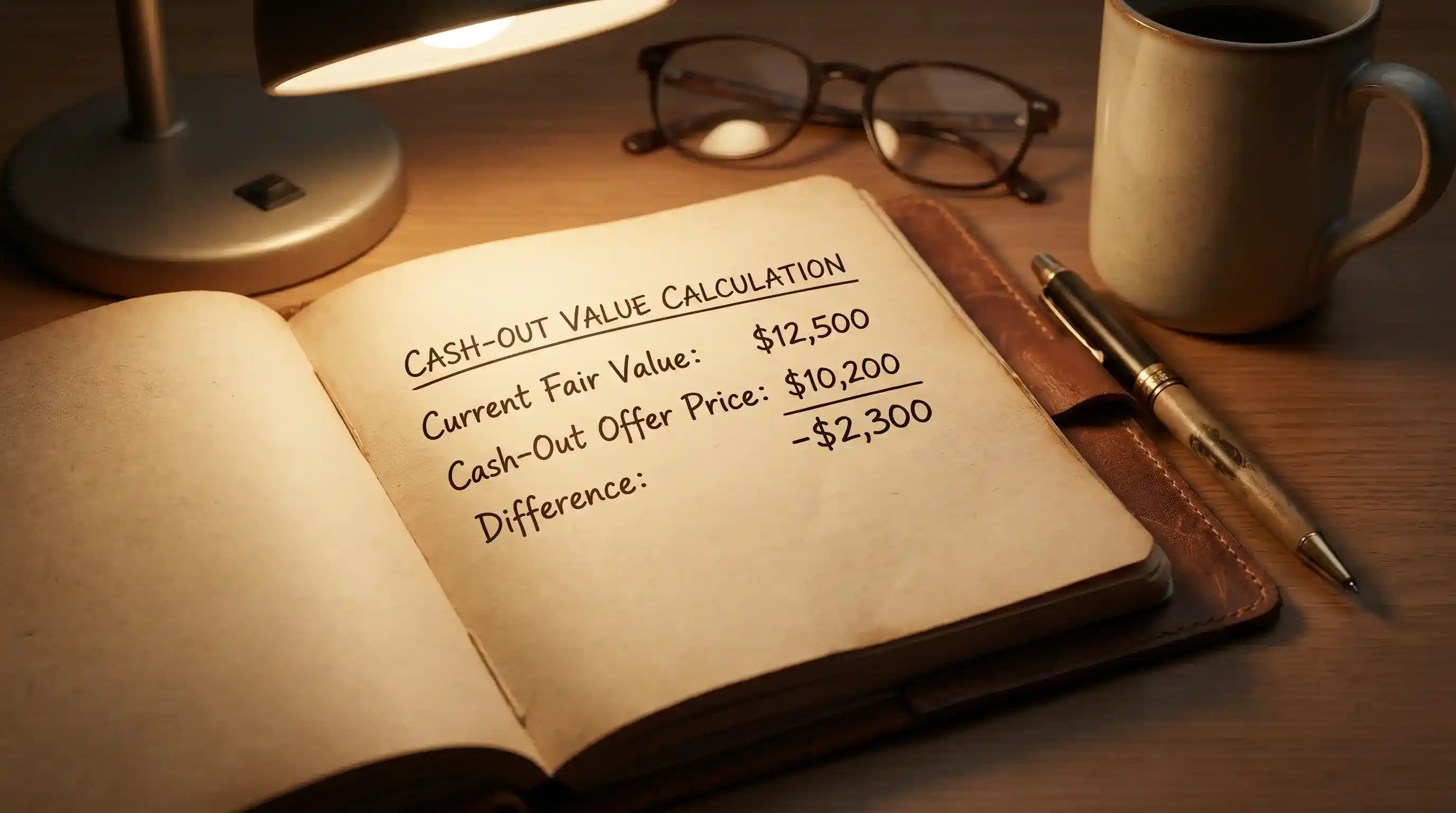 Notebook with cash-out value calculation showing bookmaker margin built into the offer