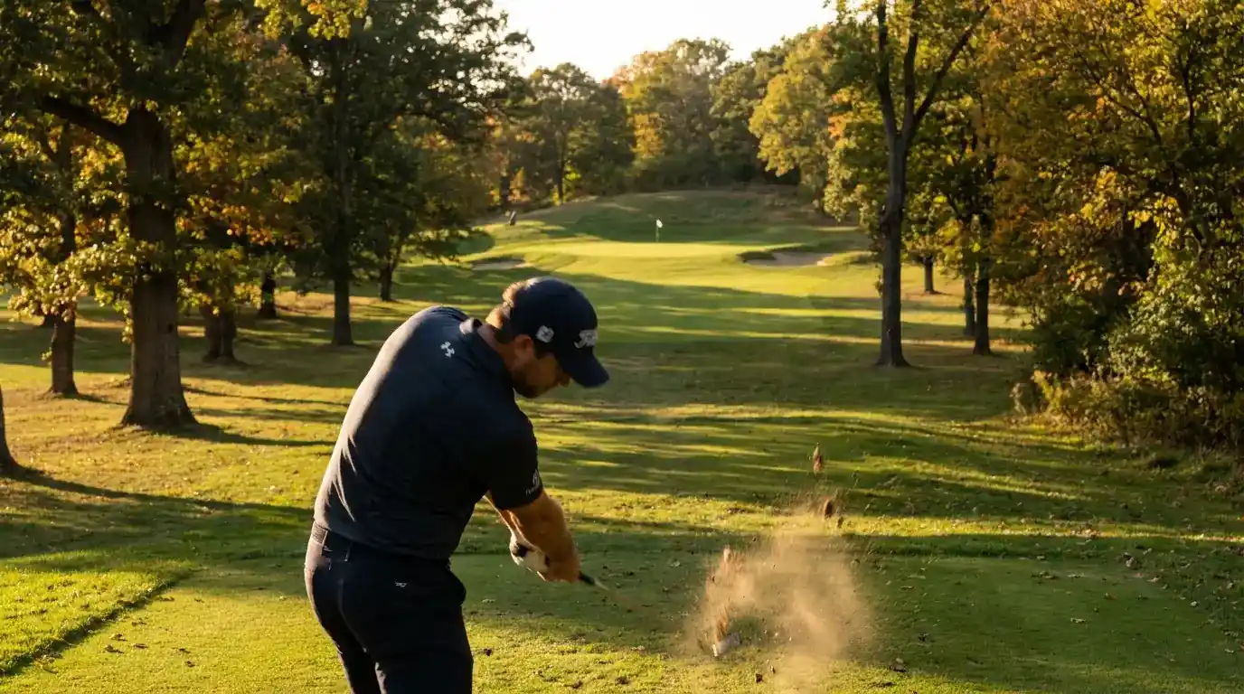 Professional golfer hitting long iron approach shot to tight pin position