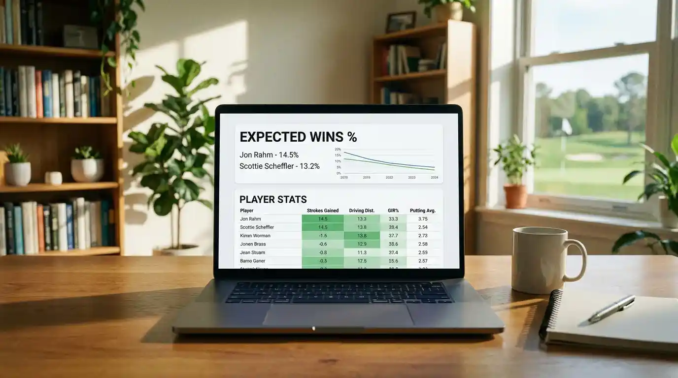 Laptop screen showing a DataGolf-style Expected Wins interface with player probabilities