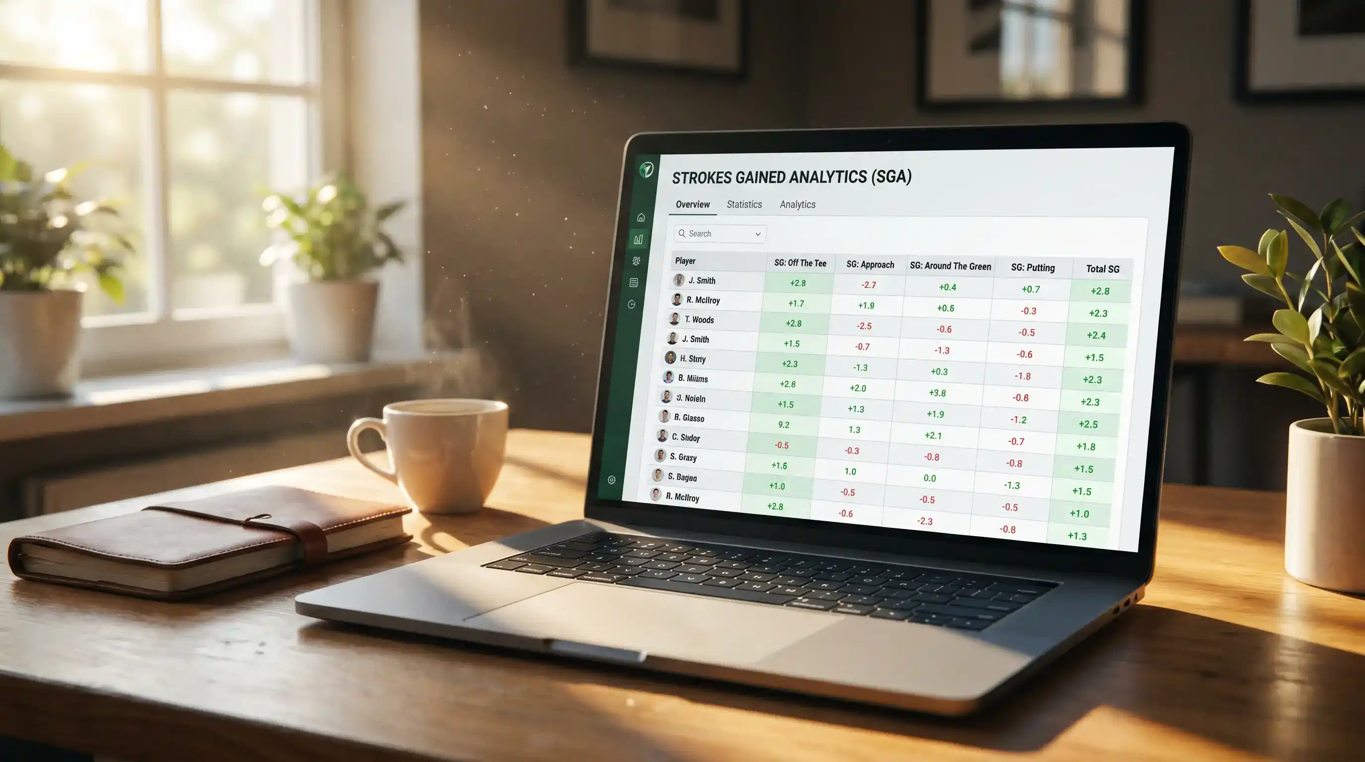 Laptop showing SG statistics interface for PGA Tour players used for betting analysis