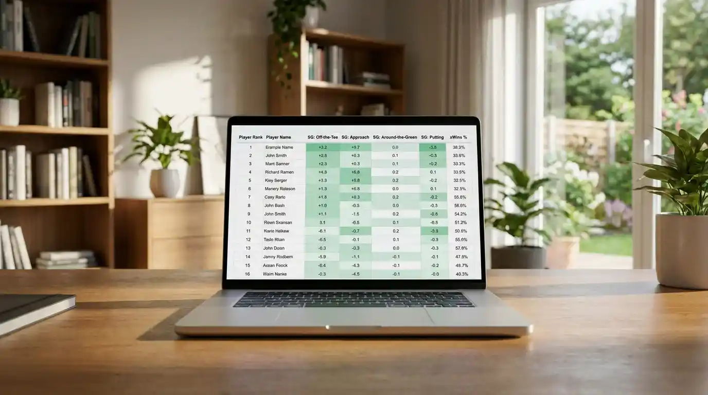 Laptop displaying a golf player SG rankings table with xWins percentage column
