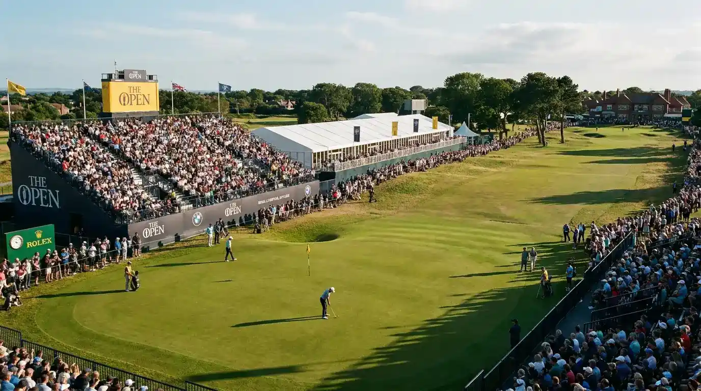 DP World Tour event at a European venue with grandstand and tournament atmosphere