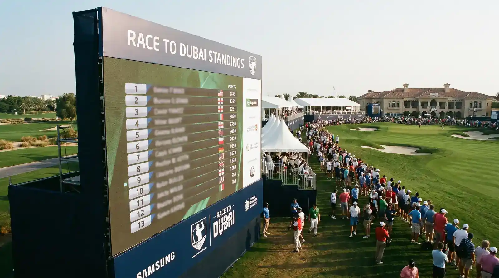 DP World Tour Race to Dubai points standings board at a tournament venue