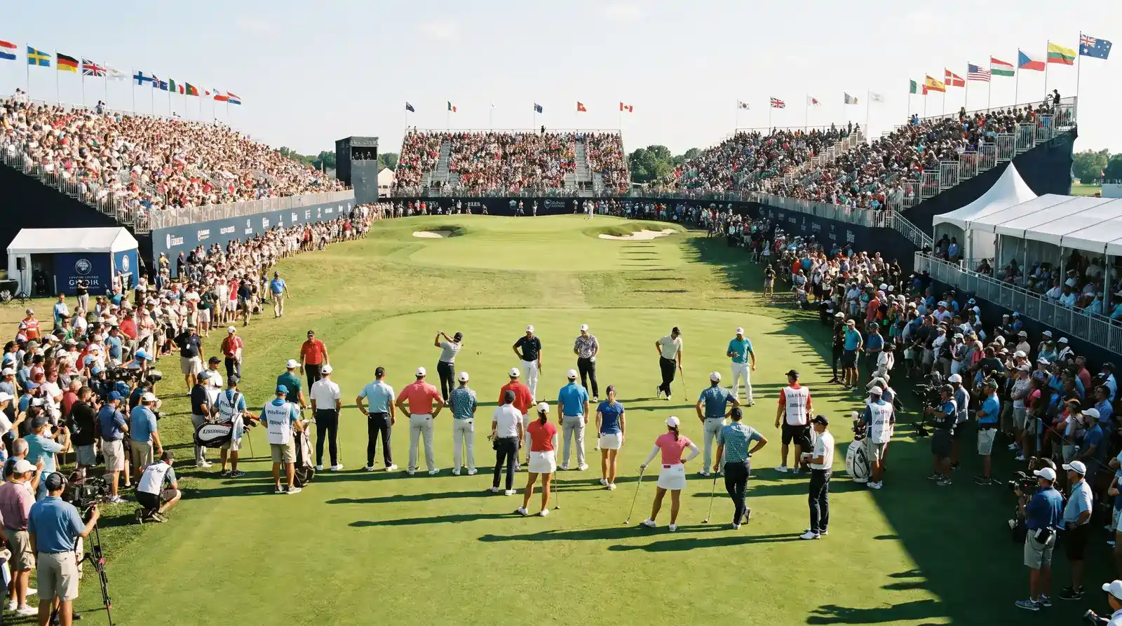 Golf analyst desk with multiple DP World Tour course notes and player statistics documents