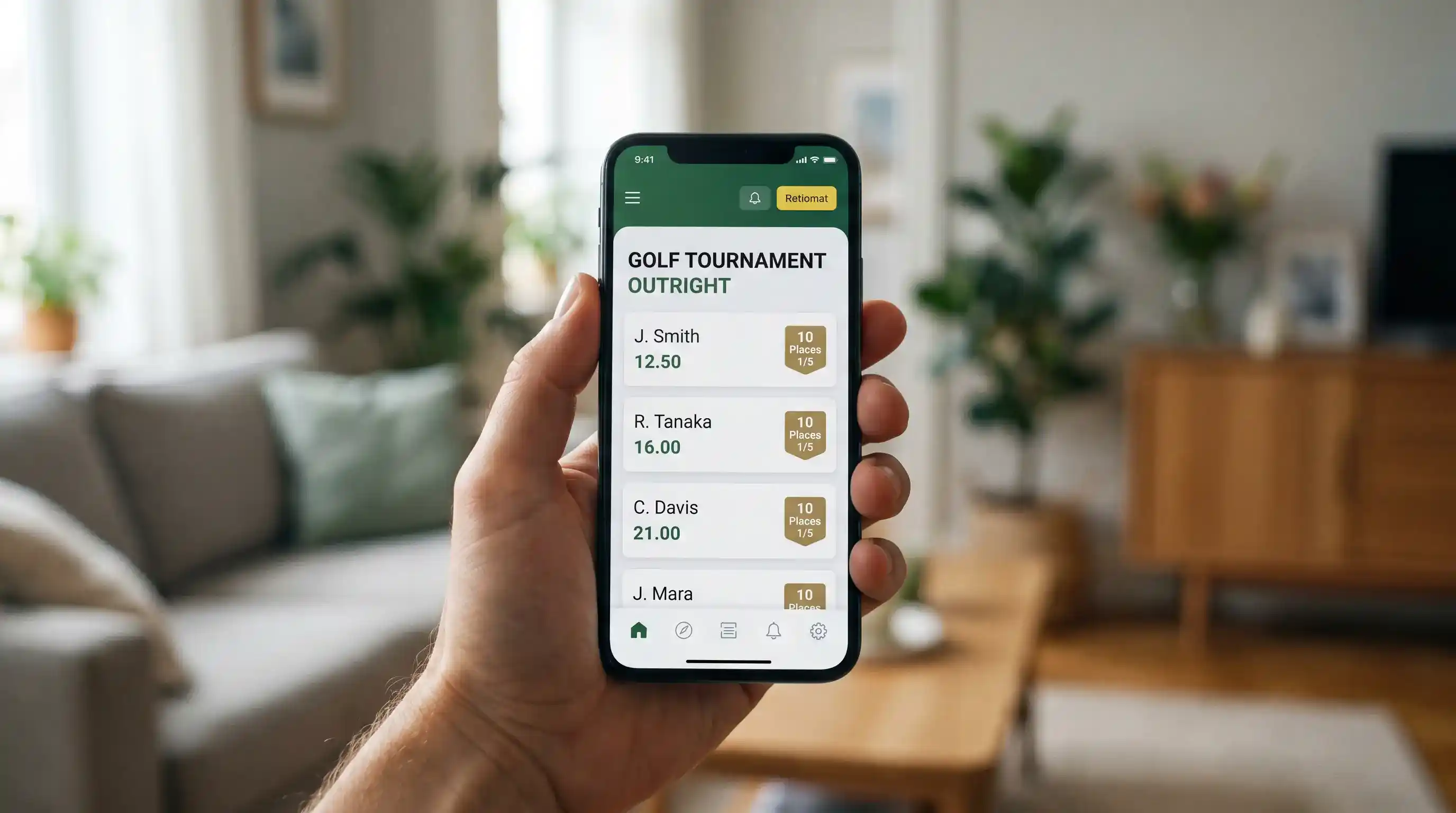 UK bookmaker interface showing each-way golf bet terms with 10 places at 1/5 odds for a Major championship