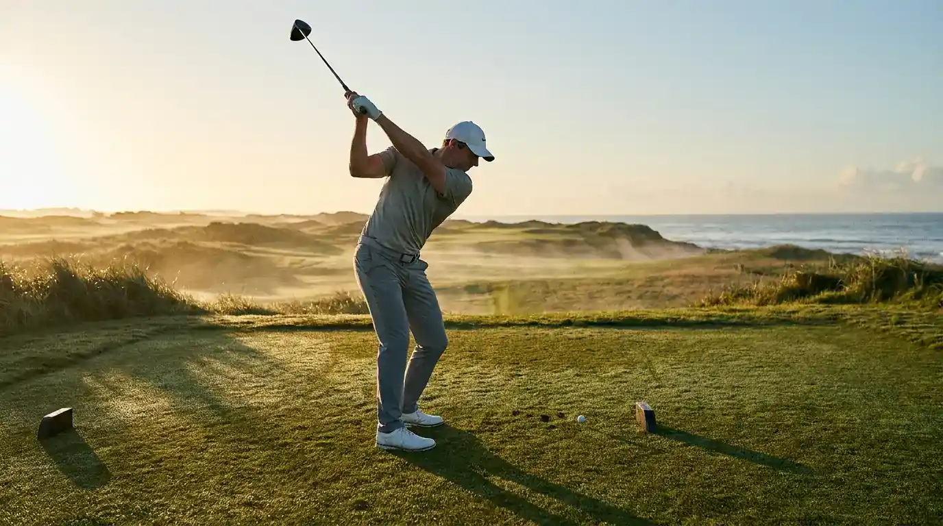 Golfer teeing off in calm morning conditions for a first round leader wave advantage bet