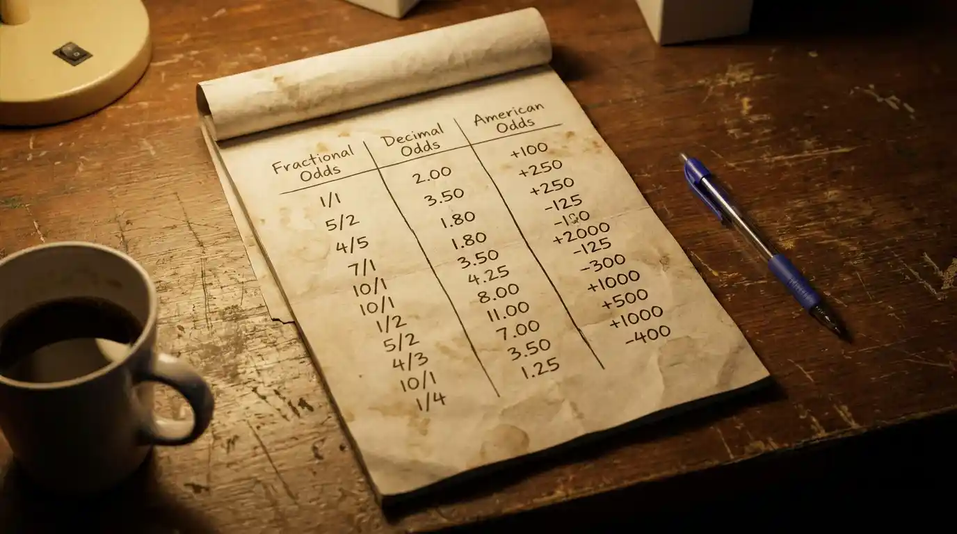 Handwritten conversion table comparing fractional, decimal, and American golf odds formats