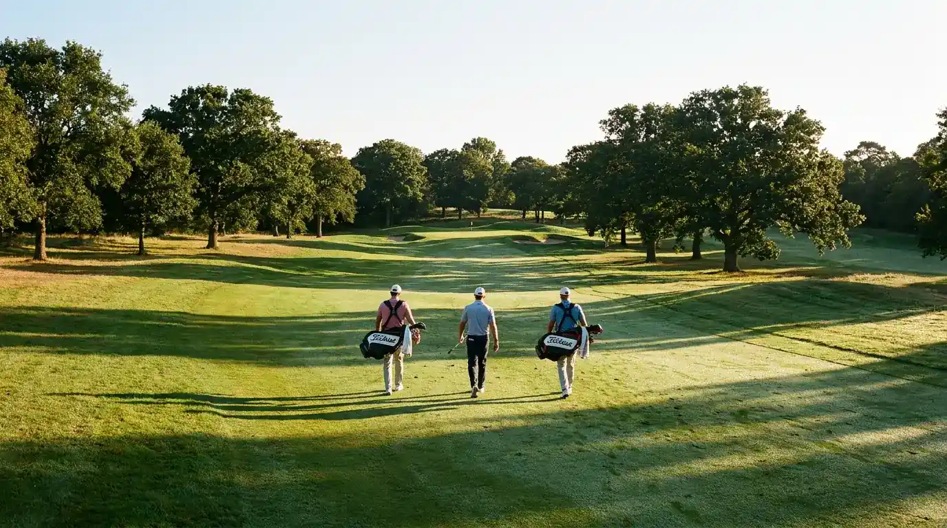 Three professional golfers walking to a green in low-scoring conditions
