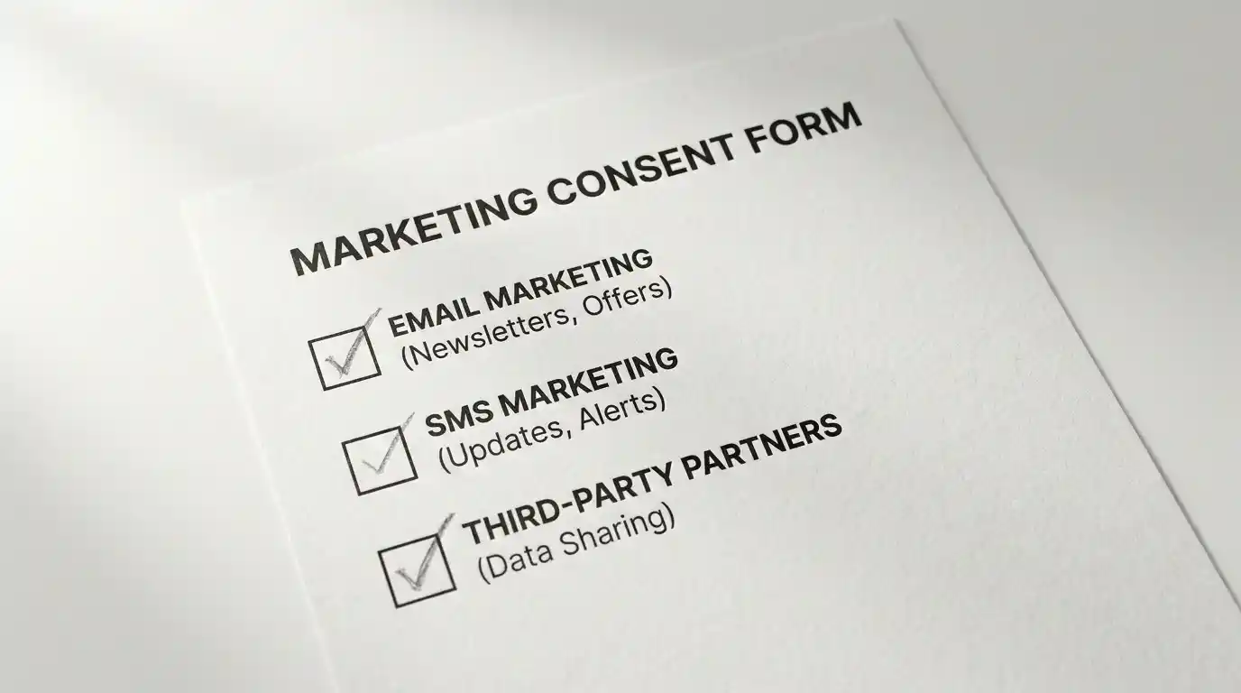 UK gambling marketing consent form with checkboxes for product type and channel