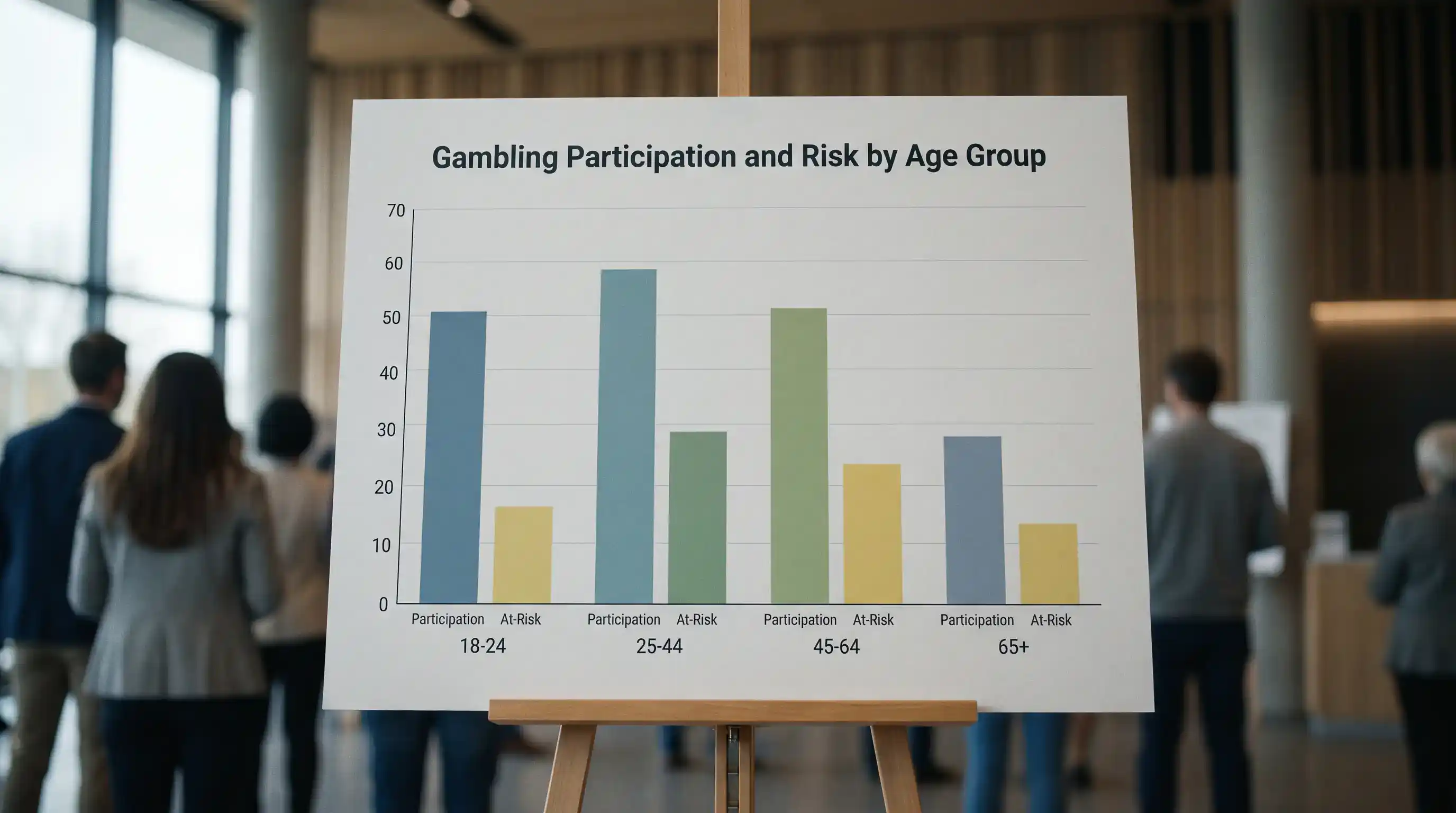 Bar chart showing UK gambling participation and PGSI risk scores by age group