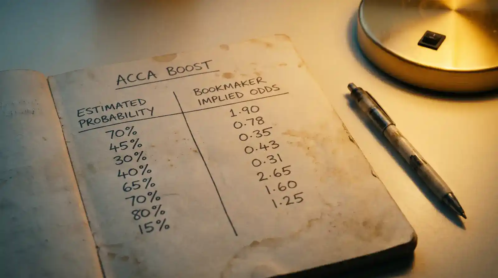Notebook with acca boost calculation comparing estimated probability to bookmaker implied odds
