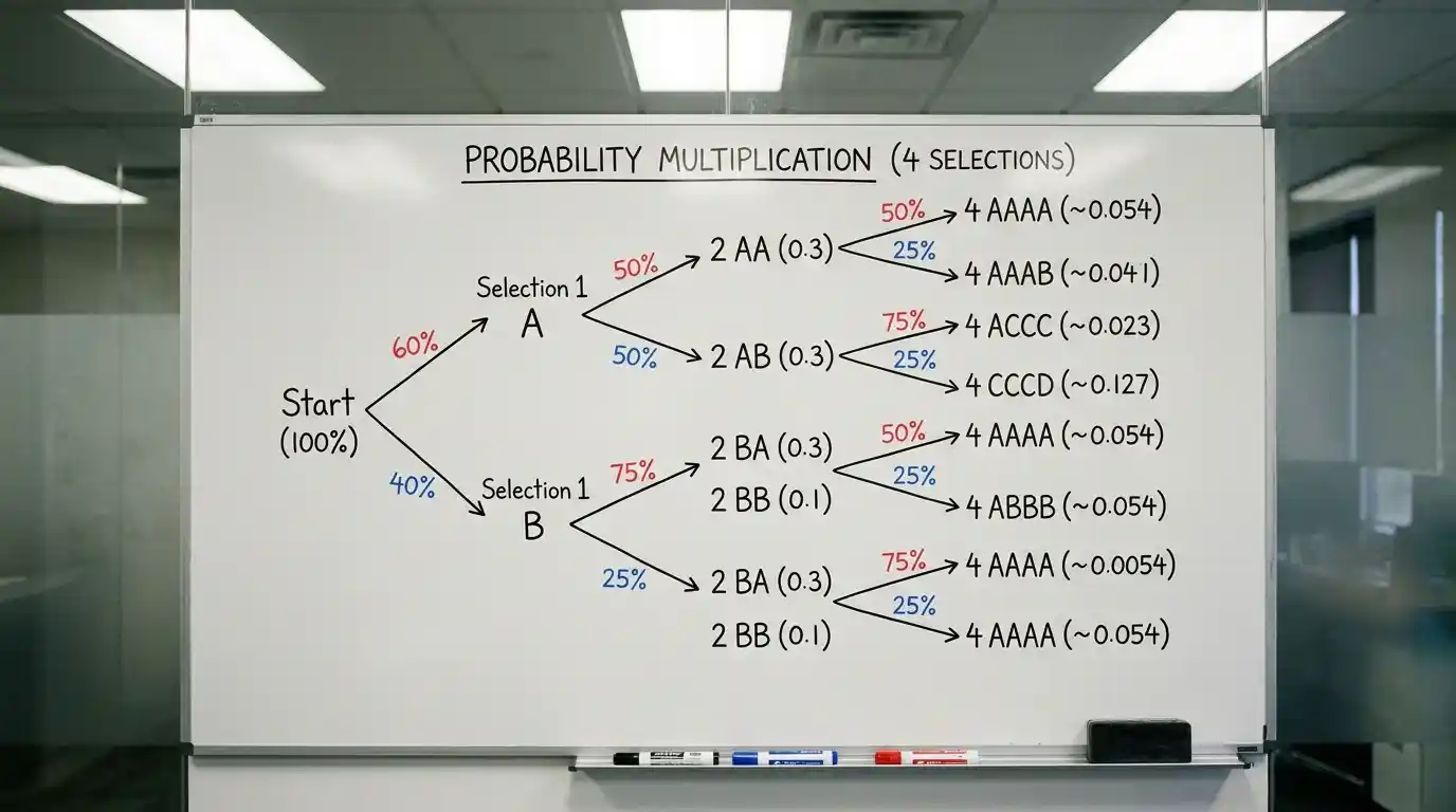 Diagram showing how bookmaker overround stacks across multiple golf accumulator legs