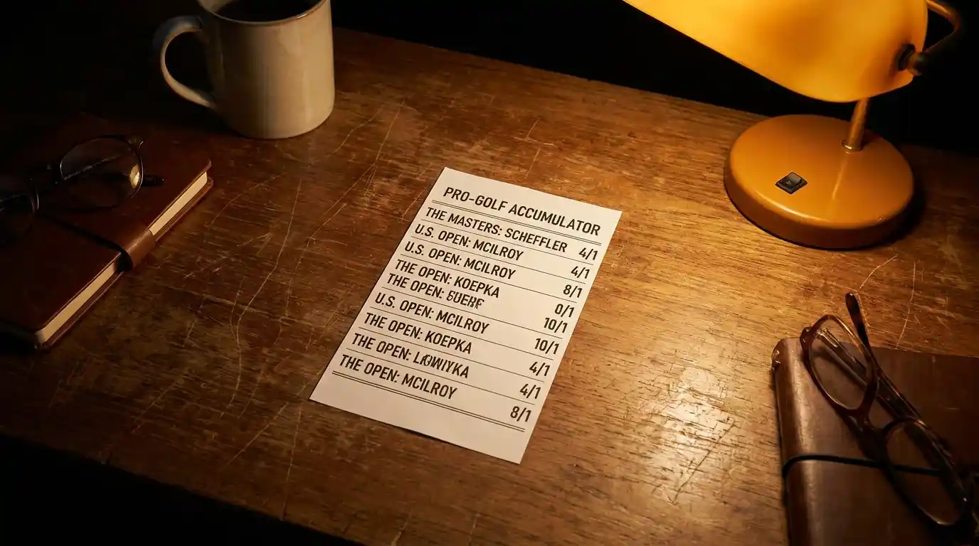 Printed golf accumulator betting slip showing multiple tournament selections