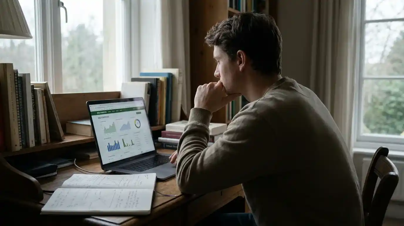 Golf punter checking odds on a laptop before the tee time draw is released