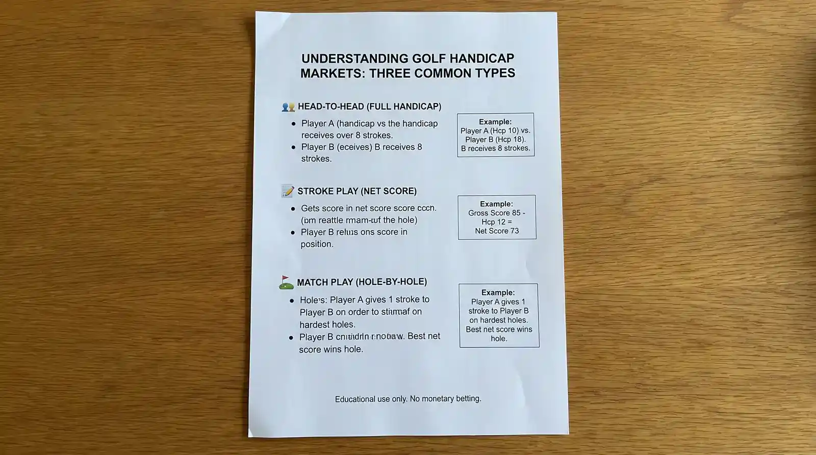 Printed document explaining three types of golf handicap markets with betting examples