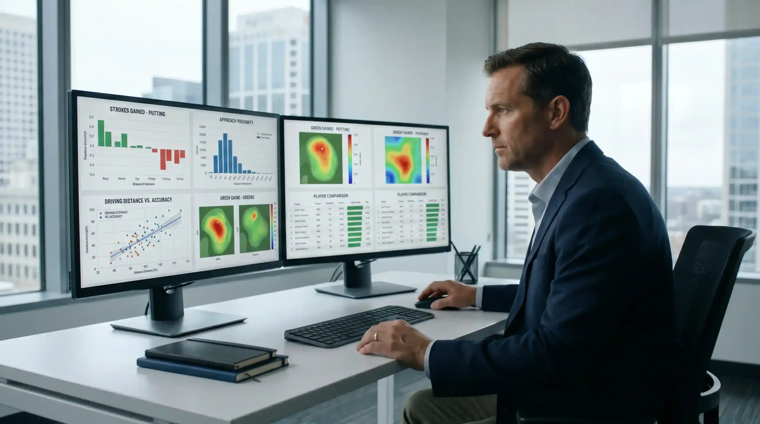 Professional analyst at a dual-monitor setup with golf data analytics charts on screen