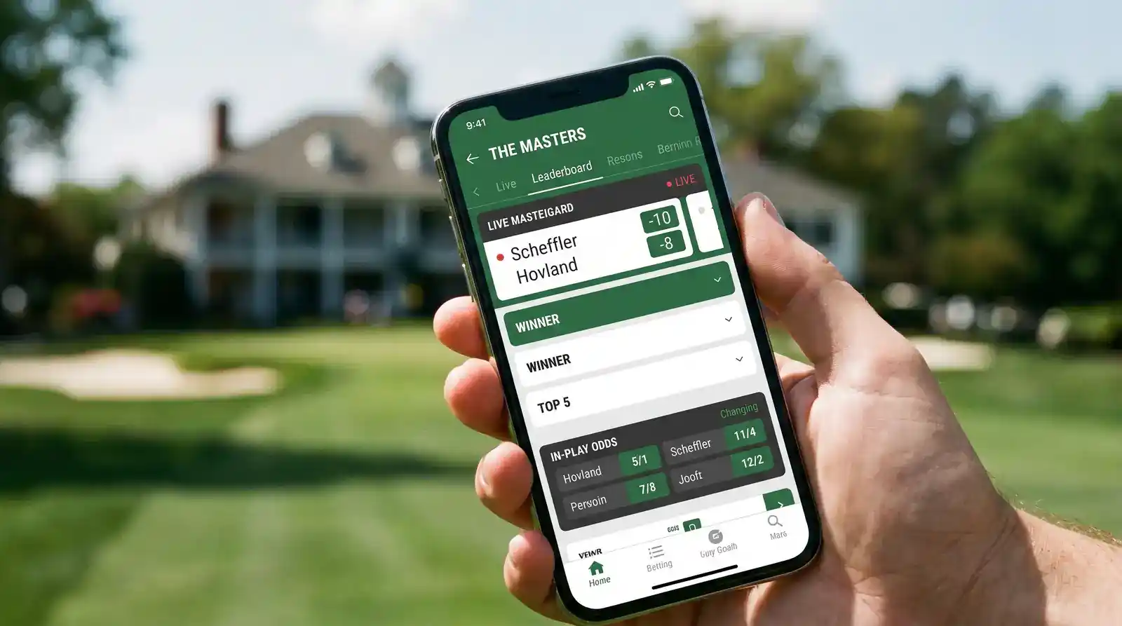 Smartphone displaying a golf betting app with live scores and in-play market list