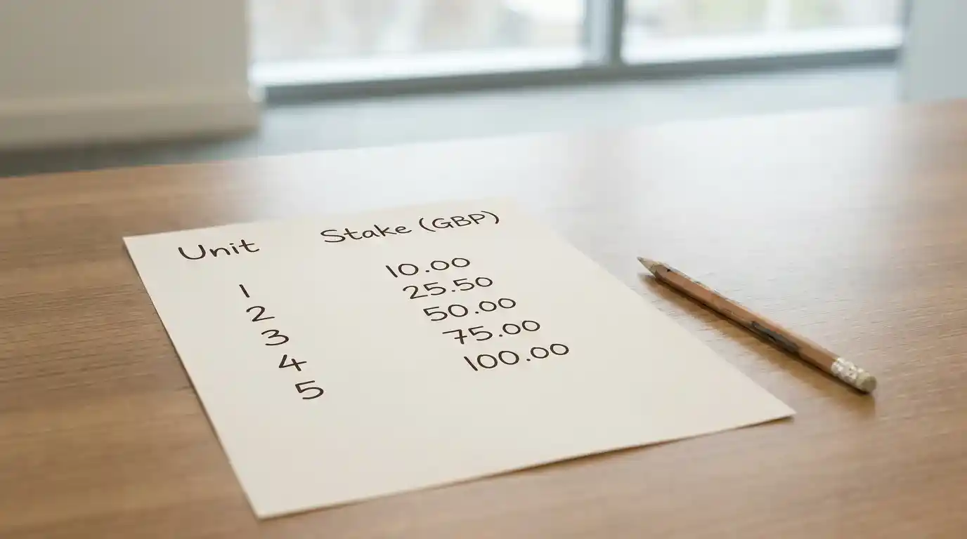 Financial planning spreadsheet showing a 100-unit golf betting bankroll with flat stake and percentage staking columns
