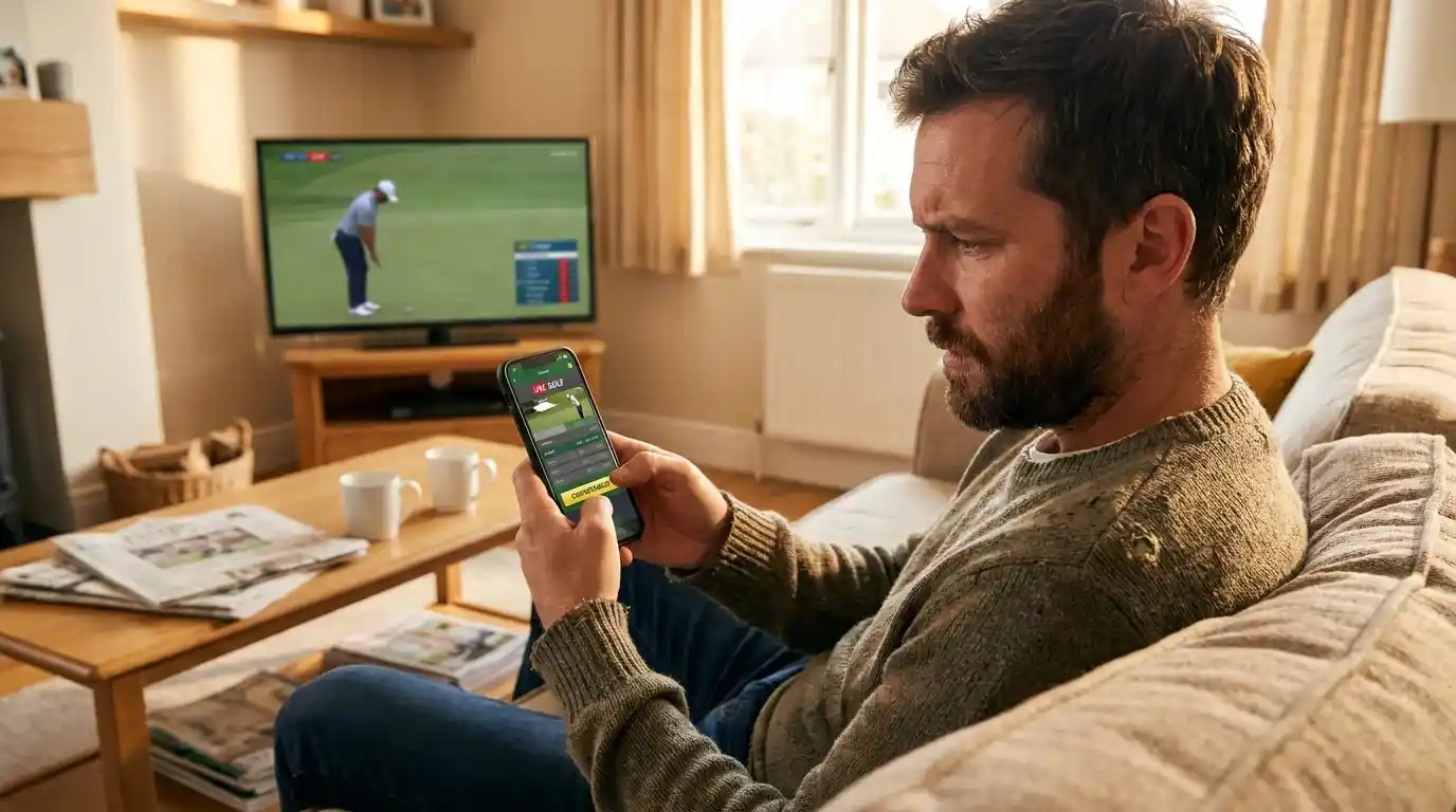 Person holding a smartphone facing a cash-out decision with a golfer in Sunday contention