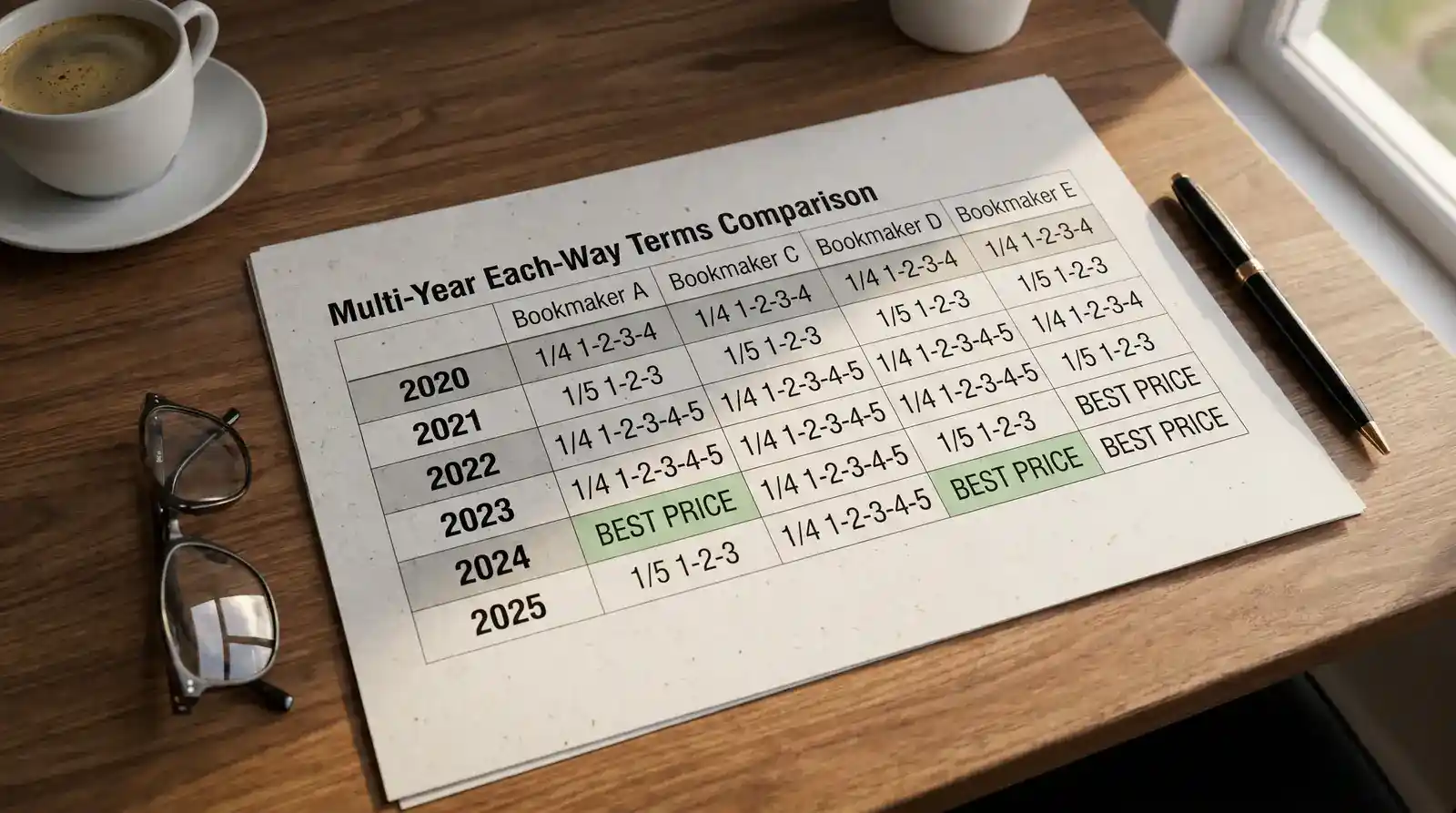 Eight-year each-way terms comparison document showing additional places across UK bookmakers