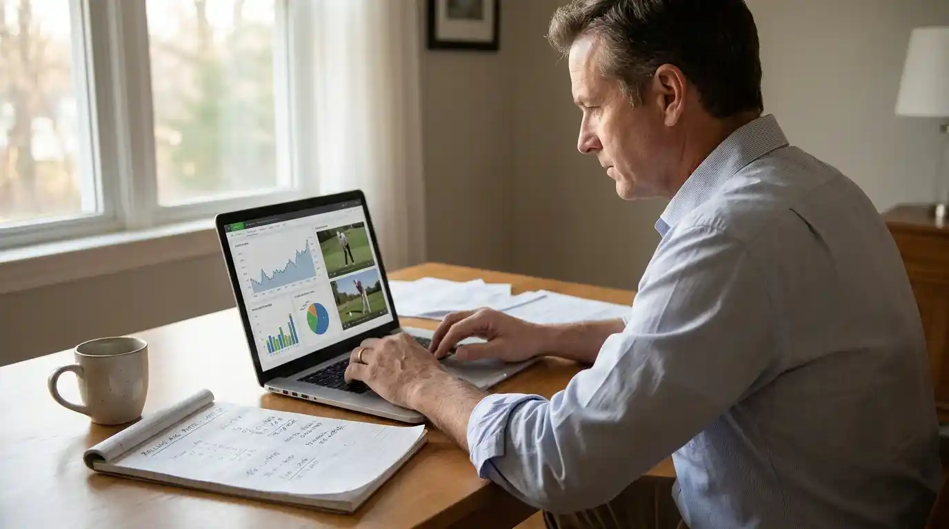 Golf analyst reviewing player form data and SG rolling averages on a laptop