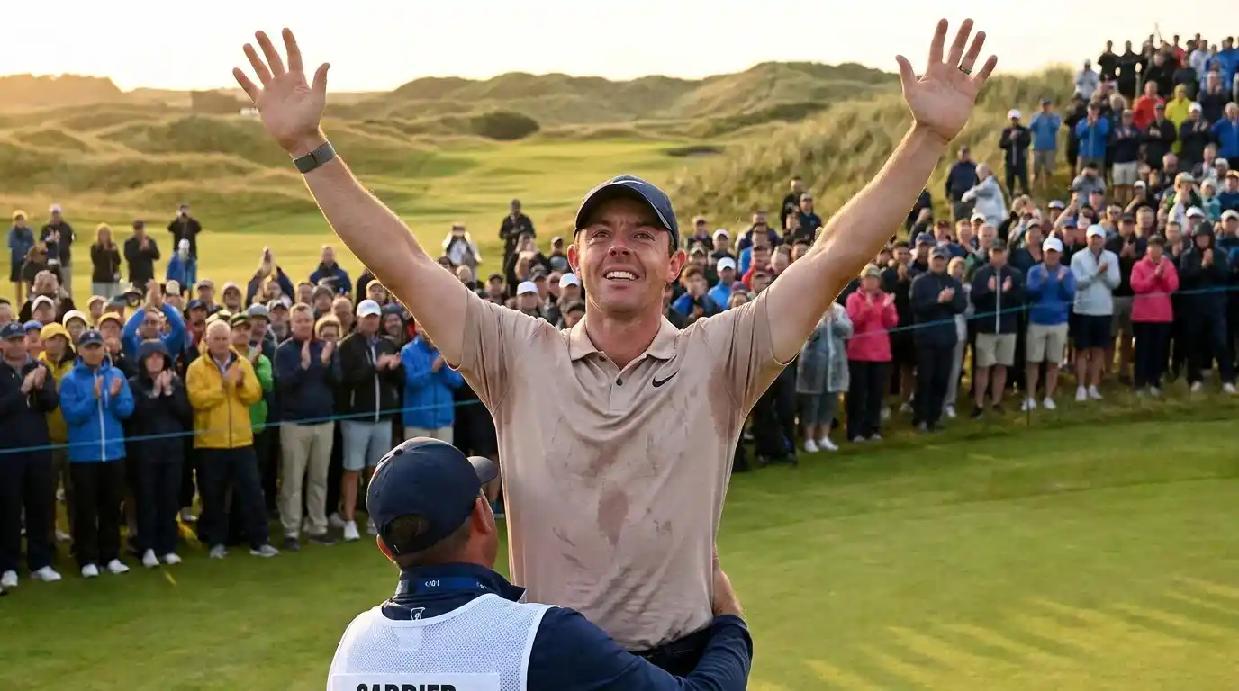 Professional golfer celebrating a surprise longshot victory at a golf Major