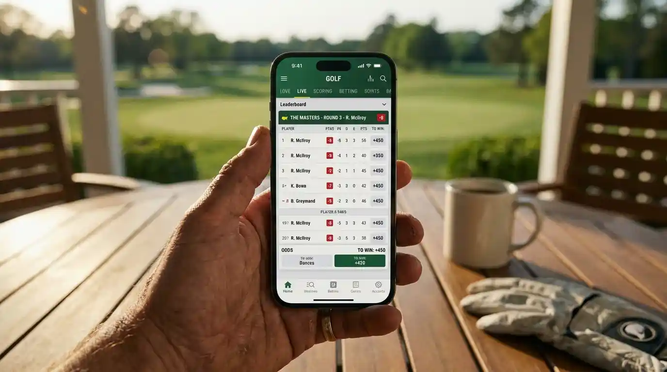 Golfer using a smartphone to place an in-play bet during a live tournament round