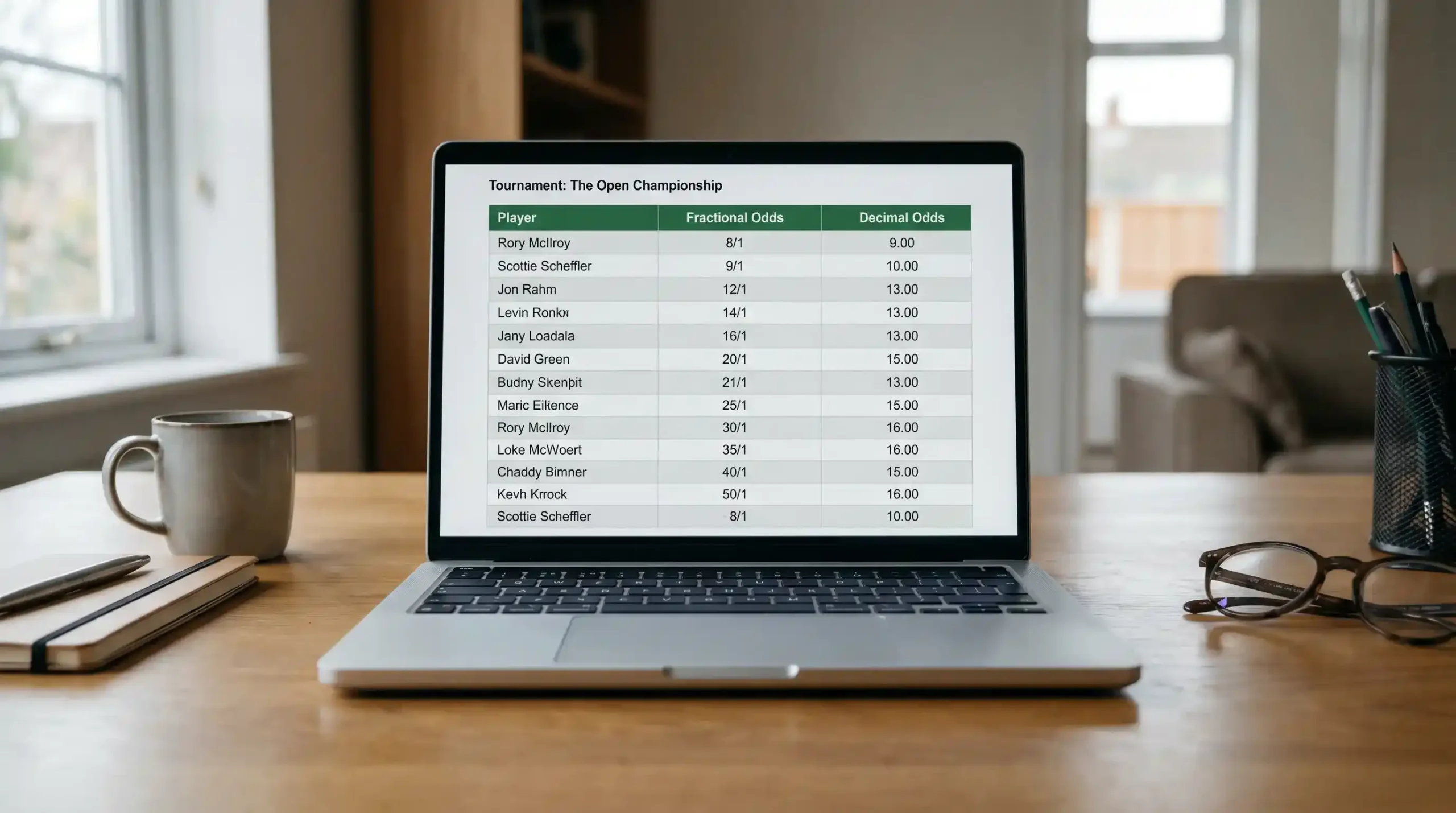 Laptop screen showing golf betting odds in both fractional and decimal formats