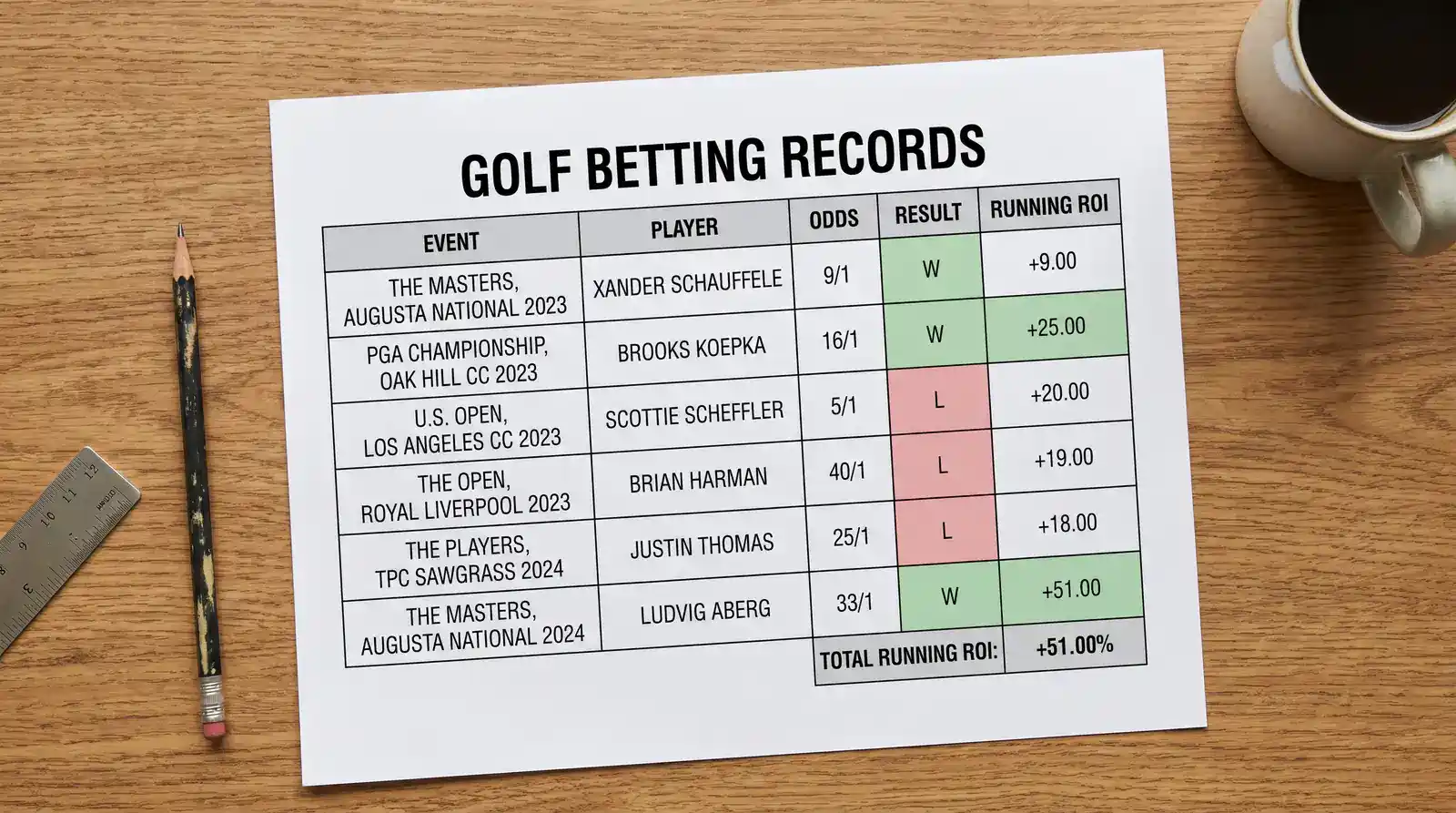 Clean printed golf betting log spreadsheet showing ROI tracking over a season