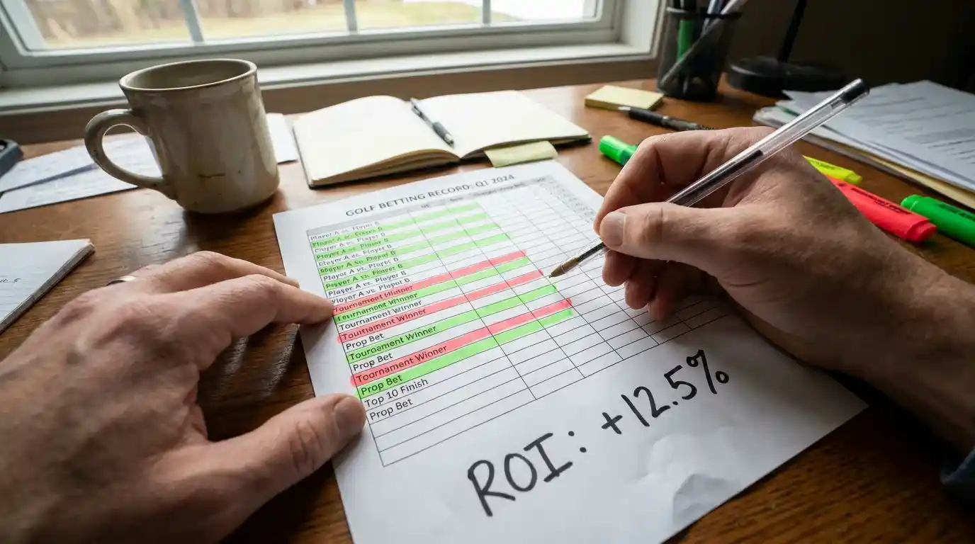 Golf punter reviewing detailed betting log with ROI calculations per market type