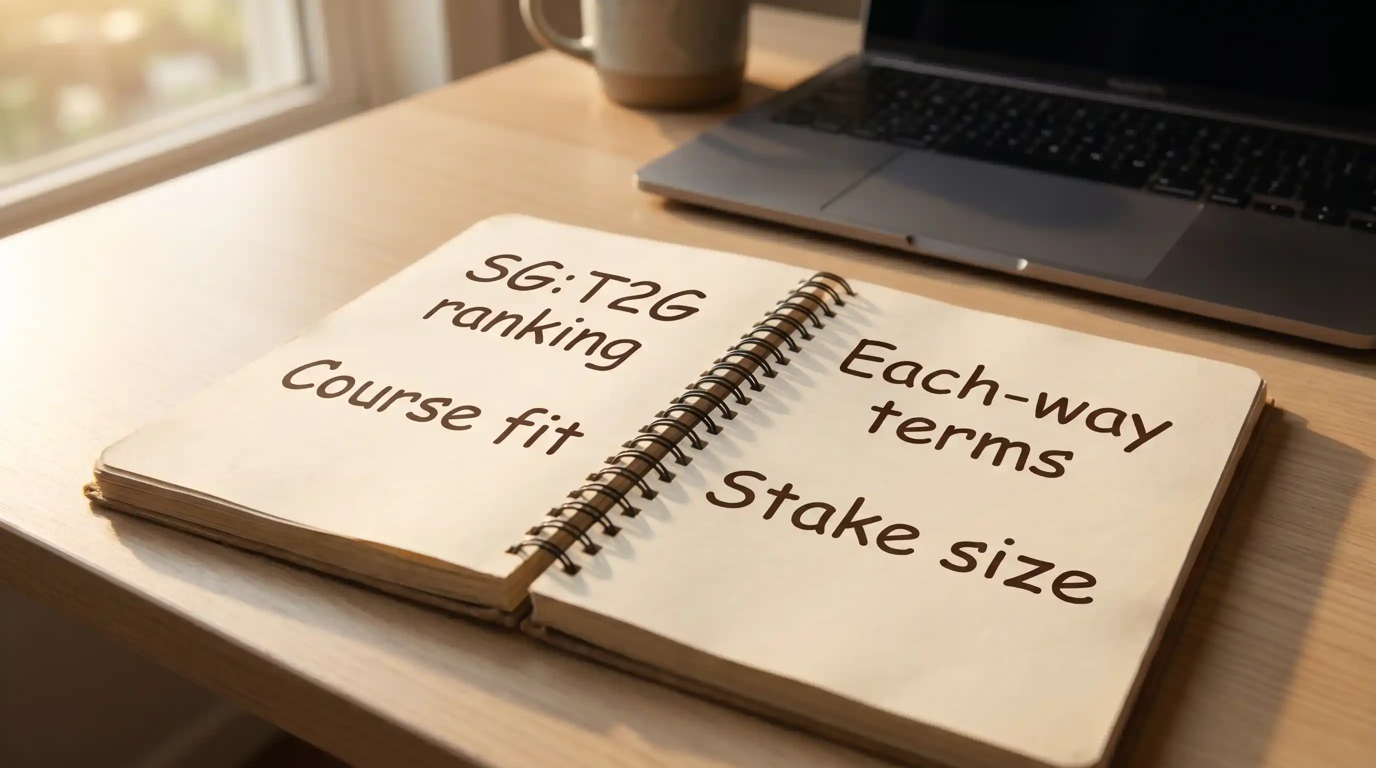 Notebook with systematic golf betting criteria written beside a laptop displaying tournament statistics
