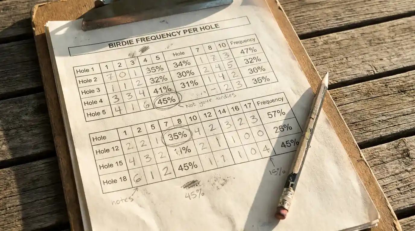 Golf scorecard showing birdie rate per hole statistics for morning wave analysis