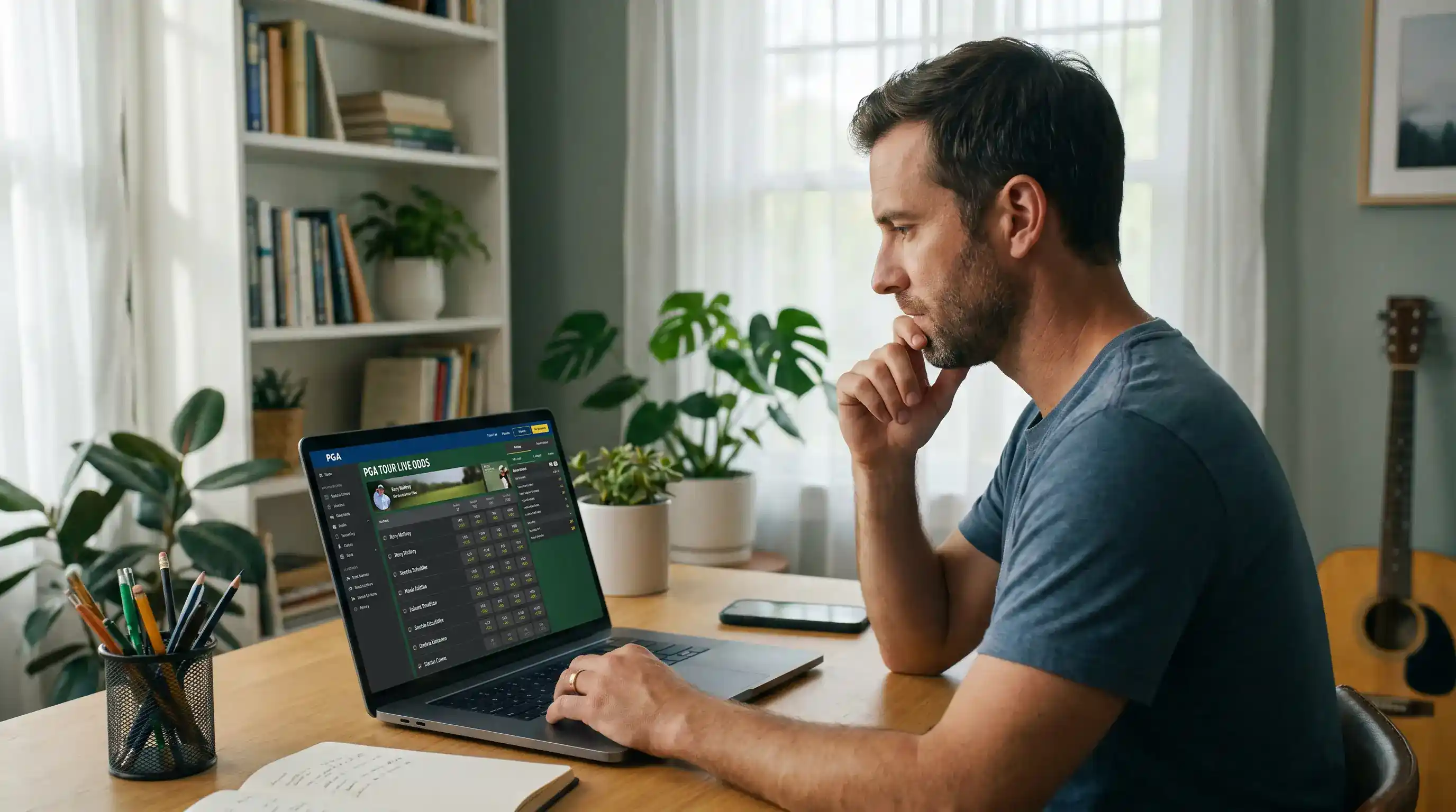 Golf punter reviewing in-play position on a laptop and considering a partial cash-out