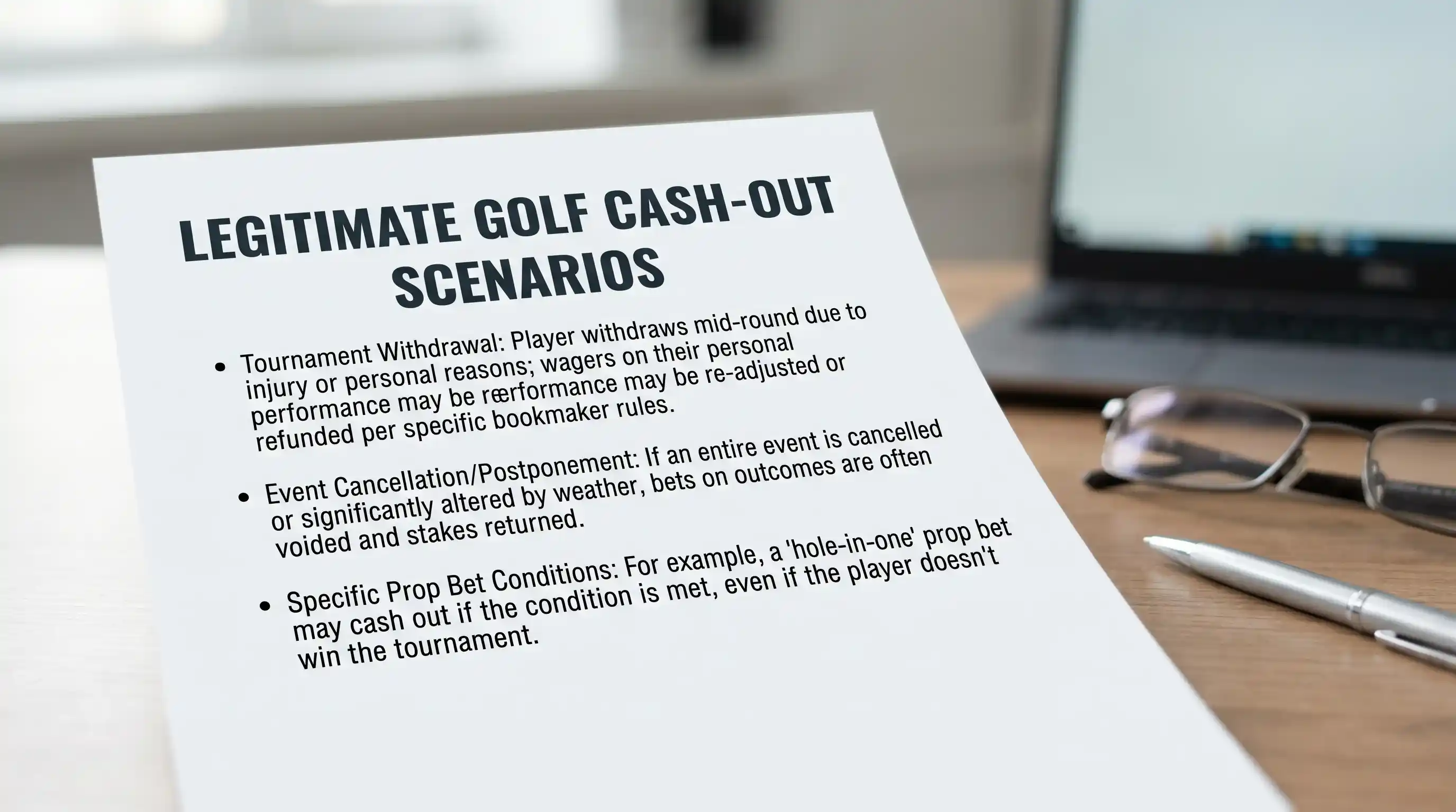 Printed document listing three legitimate scenarios when cash-out adds value in golf betting