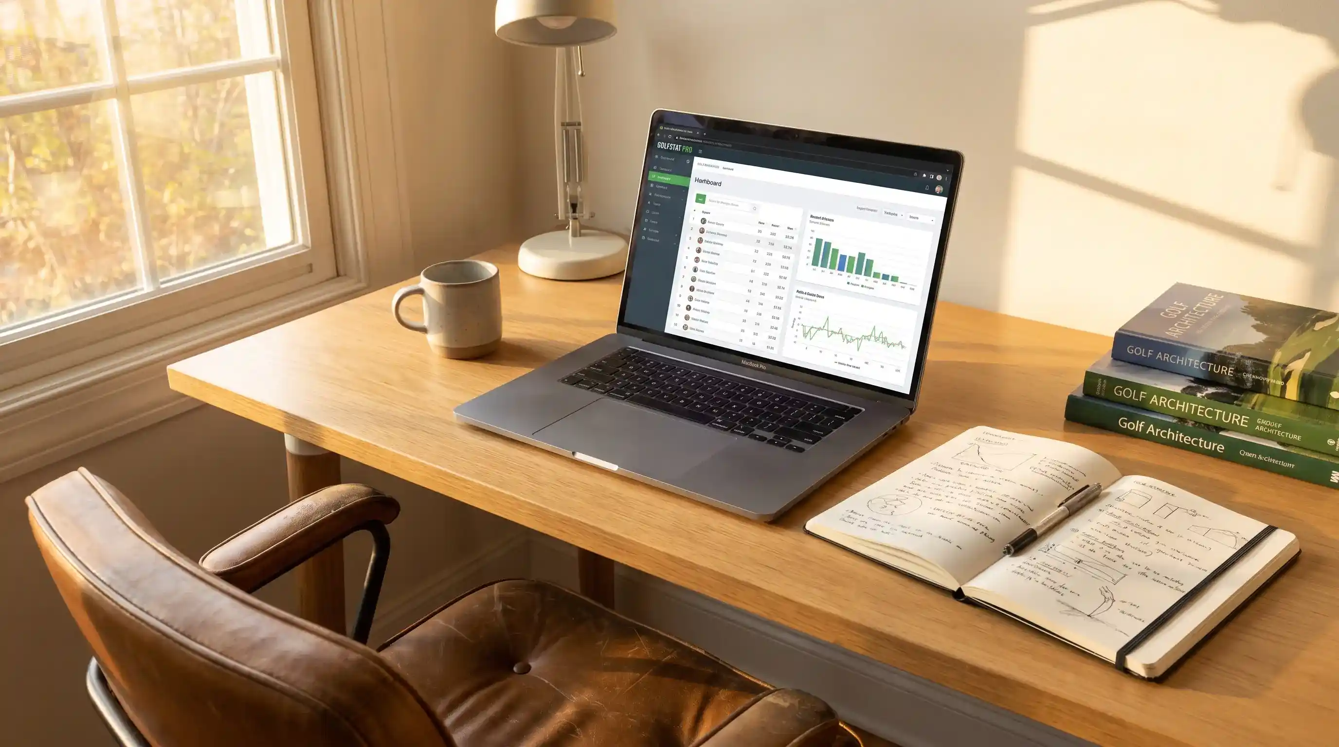 Laptop showing golf statistics alongside a notepad with cut market research notes