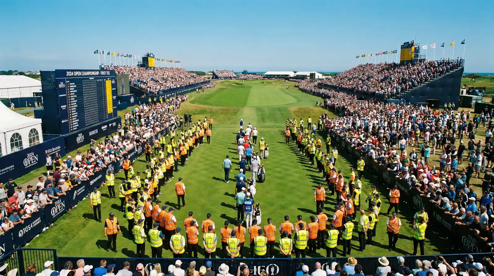 Full field PGA Tour golf tournament with large group of players on tee