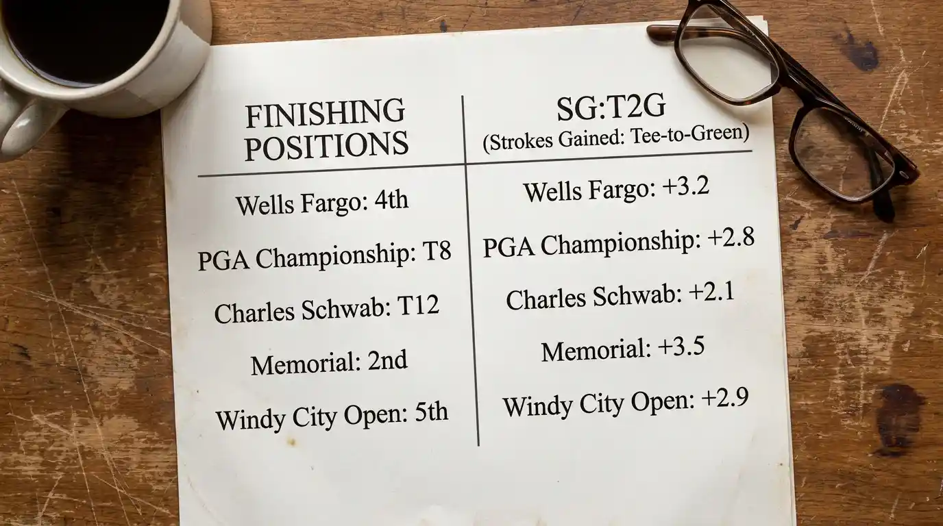 Comparison table showing recent finishing positions alongside corresponding SG:T2G values