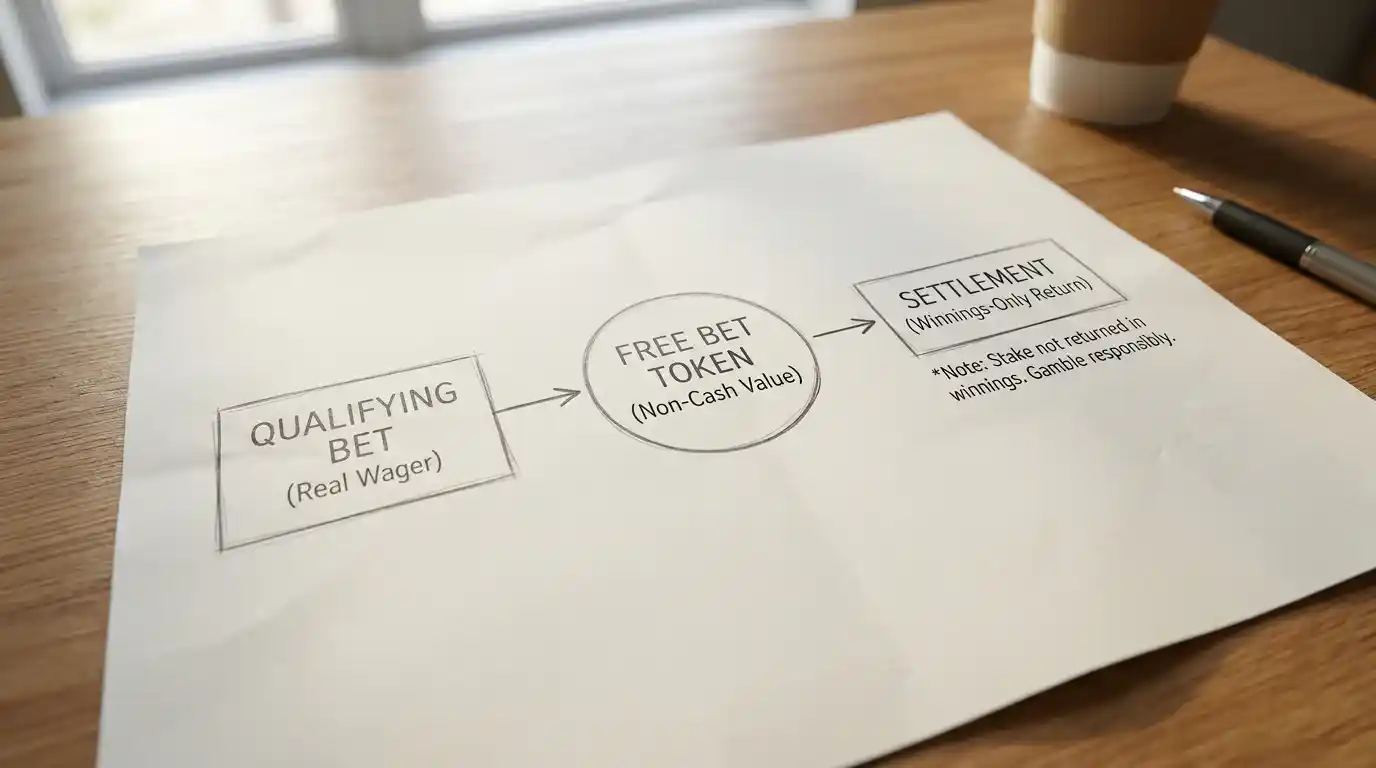 Process diagram showing how a golf free bet token works from qualifying bet to settlement