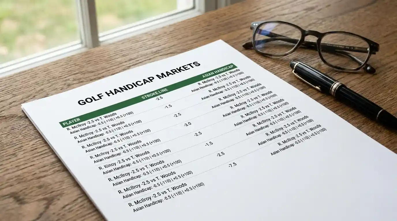 Printed golf handicap betting market sheet showing stroke line and Asian handicap options