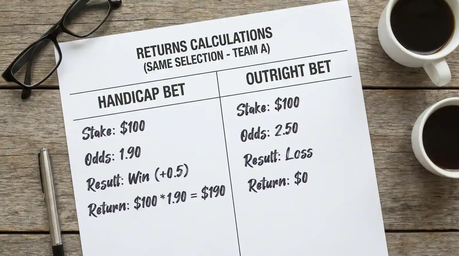 Comparison table showing handicap bet versus outright bet returns for the same player
