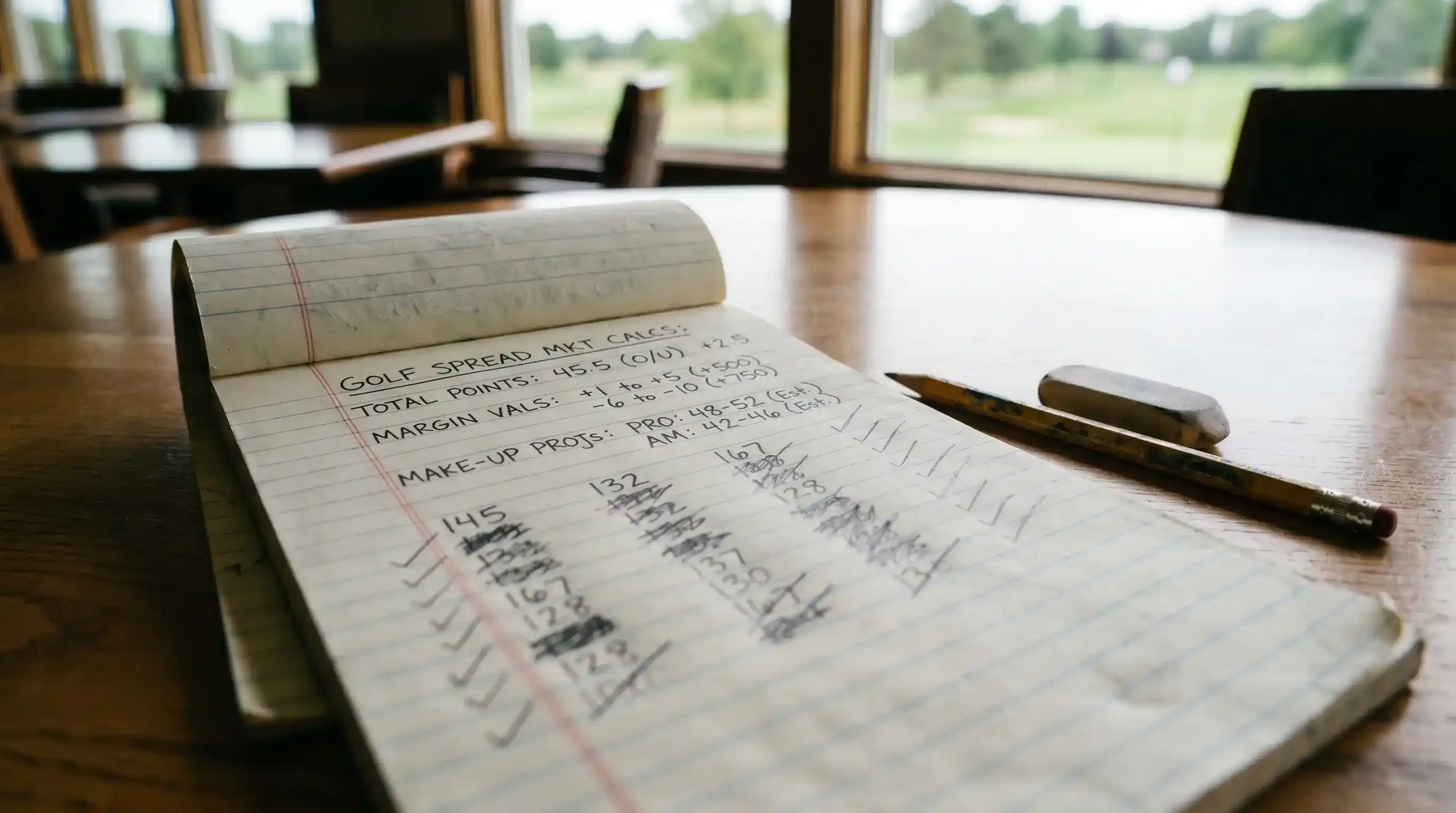 Notepad with golf index betting calculations showing total points and make-up projections