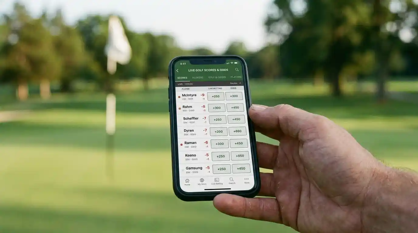 Smartphone showing live golf leaderboard and in-play odds during a PGA Tour round
