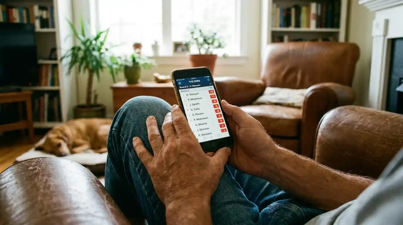 Person holding a smartphone with live golf scores while following an in-play strategy