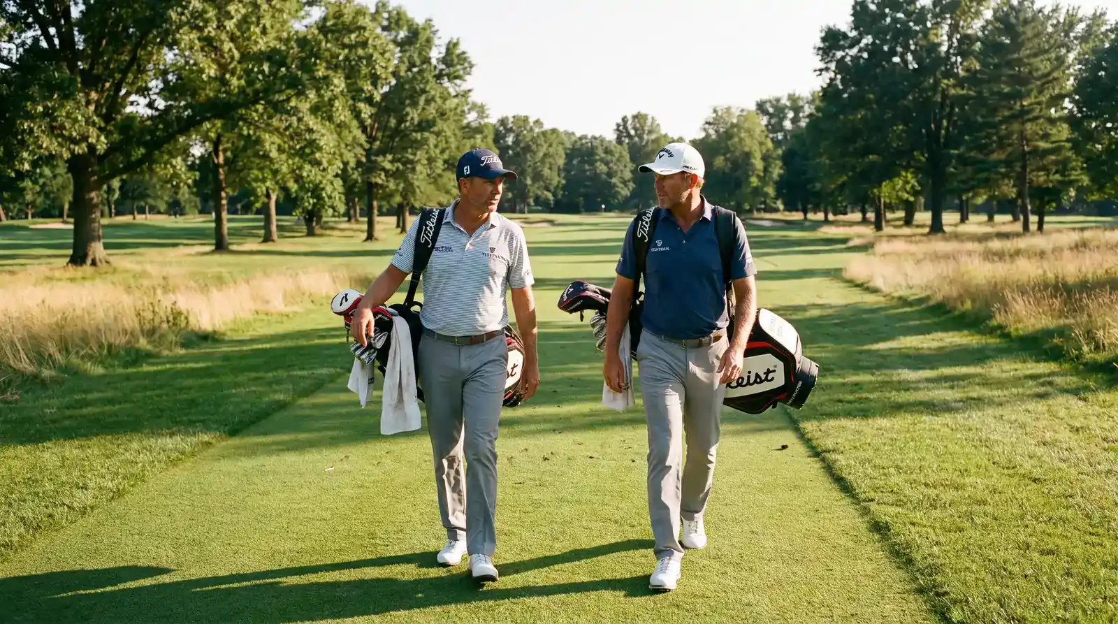 Two golfers walking a fairway side by side in a head-to-head matchup betting market