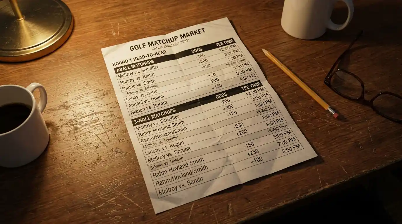 Golf head-to-head and three-ball matchup market types explained on a printed sheet