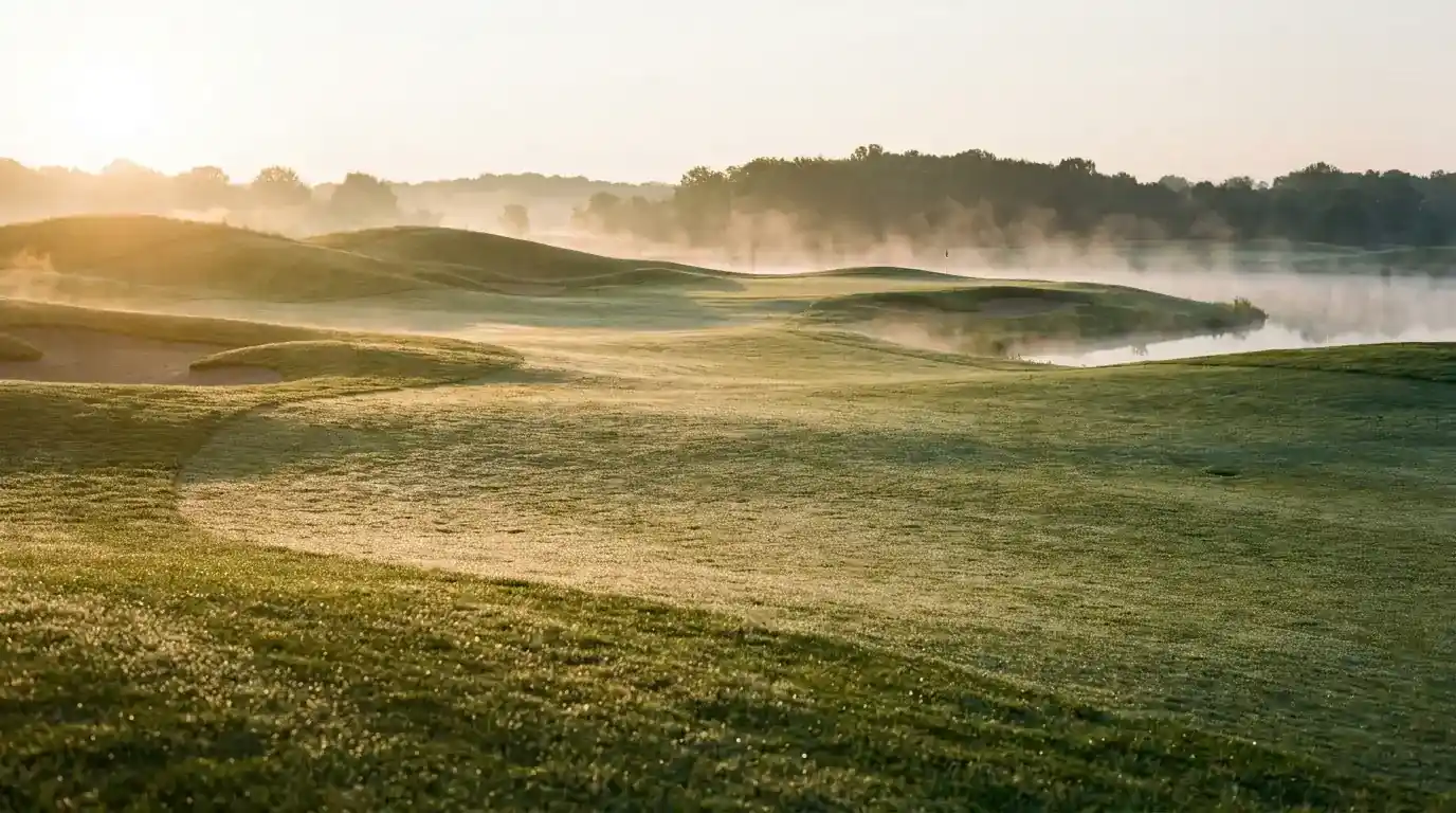 Golf course at dawn with morning dew on the fairway showing soft scoring conditions