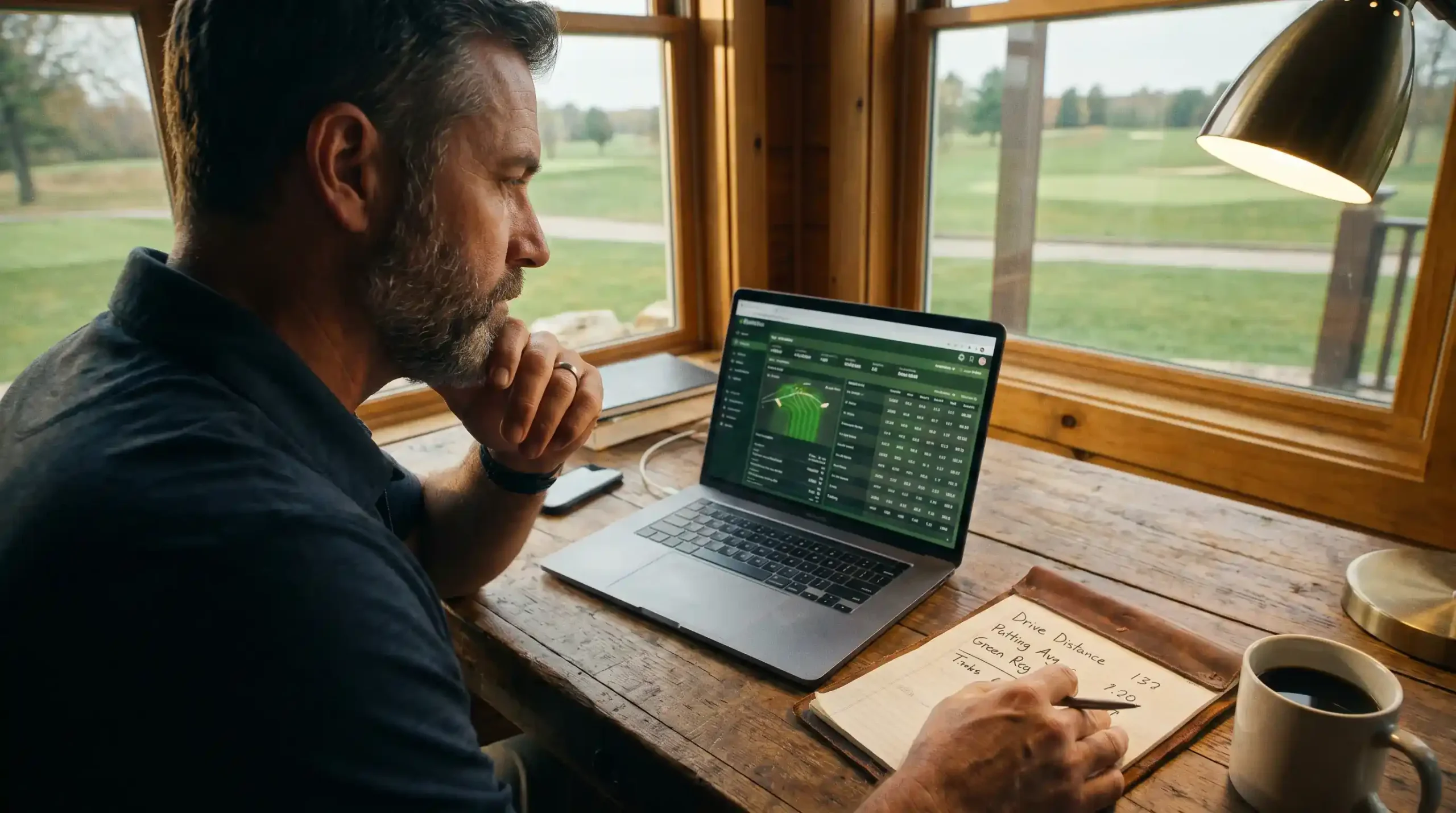 Golfer reviewing tournament odds on a laptop before placing an outright bet