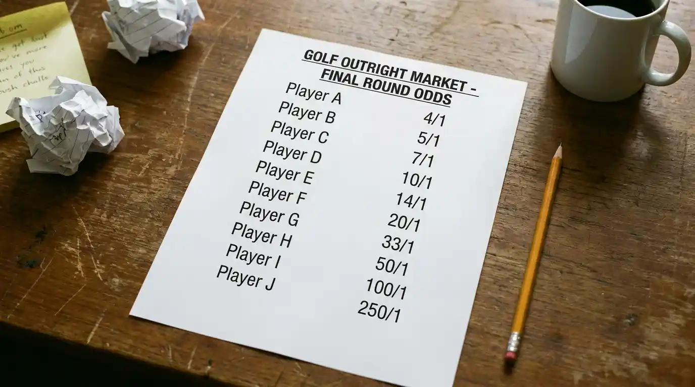 Printed golf outright market odds list showing prices from favourite to longshot