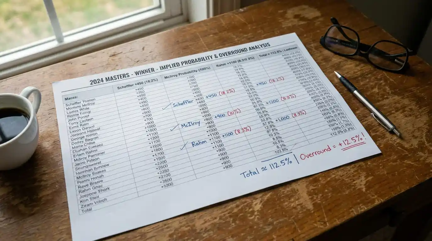 Printed golf outright market odds sheet with overround probability annotations